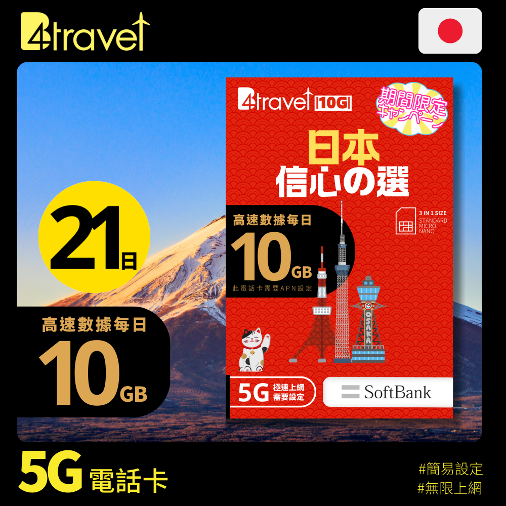 B4travel 10G 日本 21日 5G 無限上網卡 (期間限定)