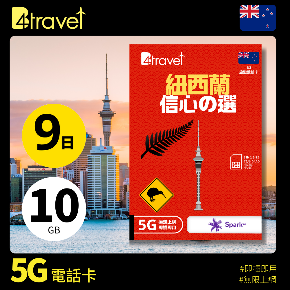 B4travel 紐西蘭 9日 10GB 5G 無限上網數據卡
