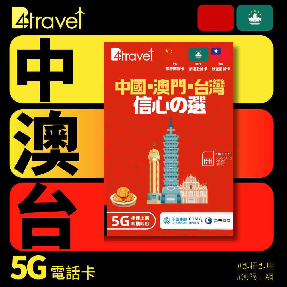 B4travel 中國+澳門+台灣 30GB 5G 上網卡（365日/年卡）