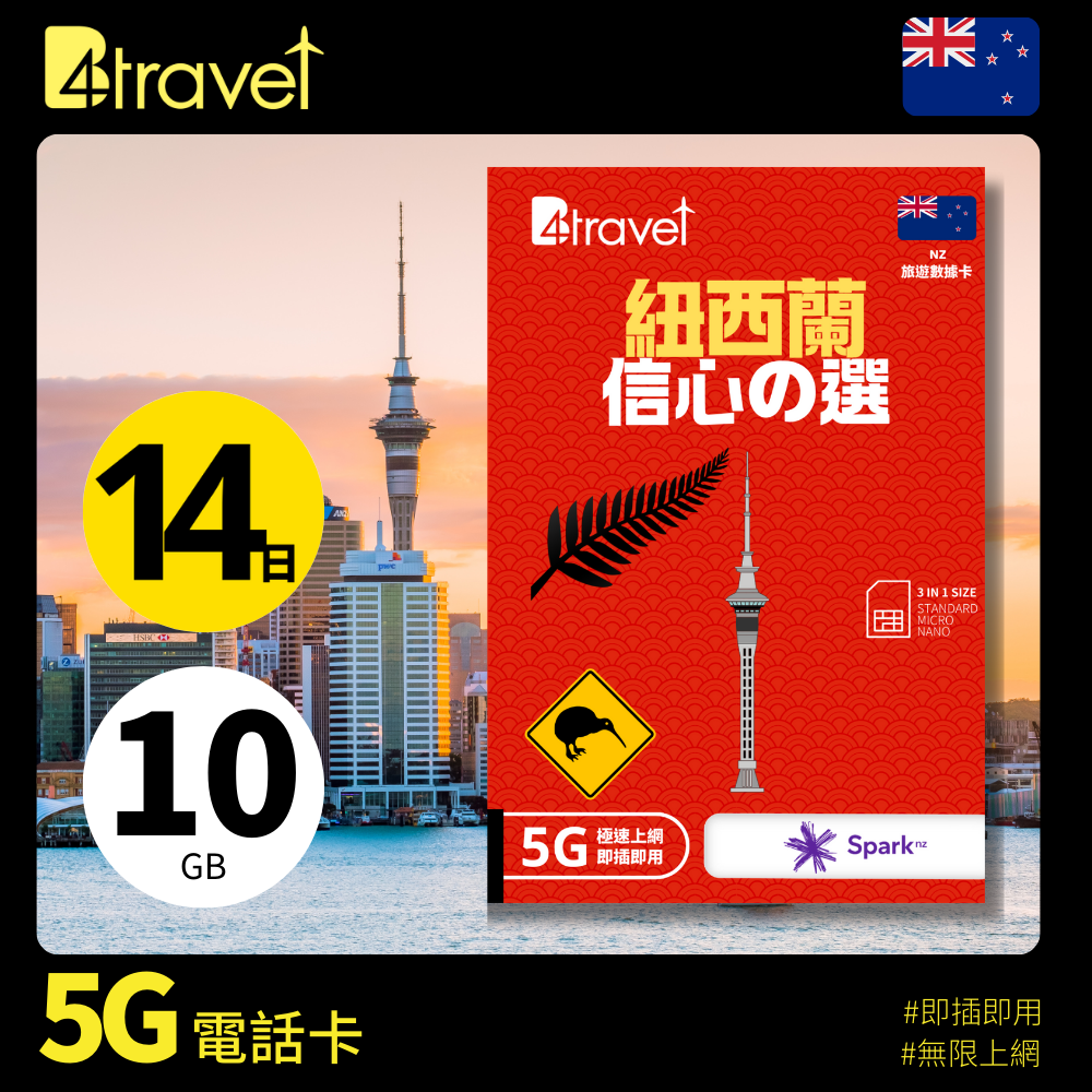 B4travel 紐西蘭 14日 10GB 5G 無限上網數據卡